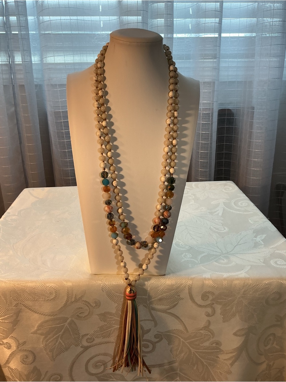 Mala Long Stone & Glass Beaded Boho Tassel Gold Tone Necklace